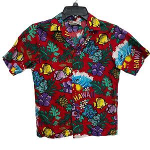 Hilo Hattie Boys Hawaiian Aloha Shirt Cotton Boys 14 Button Floral Fish Red Camp